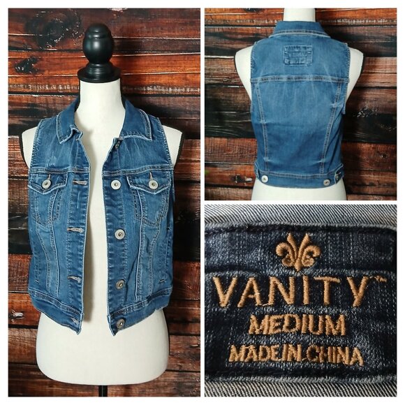 Vanity Y2K Denim Vest Size M Blue Jean Button Front Distressed Cropped - Picture 1 of 10